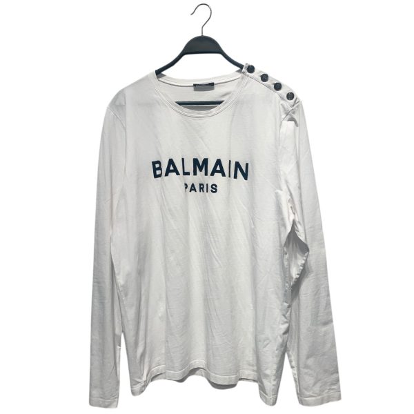 BALMAIN LS T-Shirt XXXL Cotton WHT Logo Tee With Silver Buttons Cheap