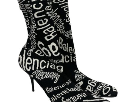 BALENCIAGA Boots EU 39.5 All Over Print Cotton BLK SOCK HEELS Fashion